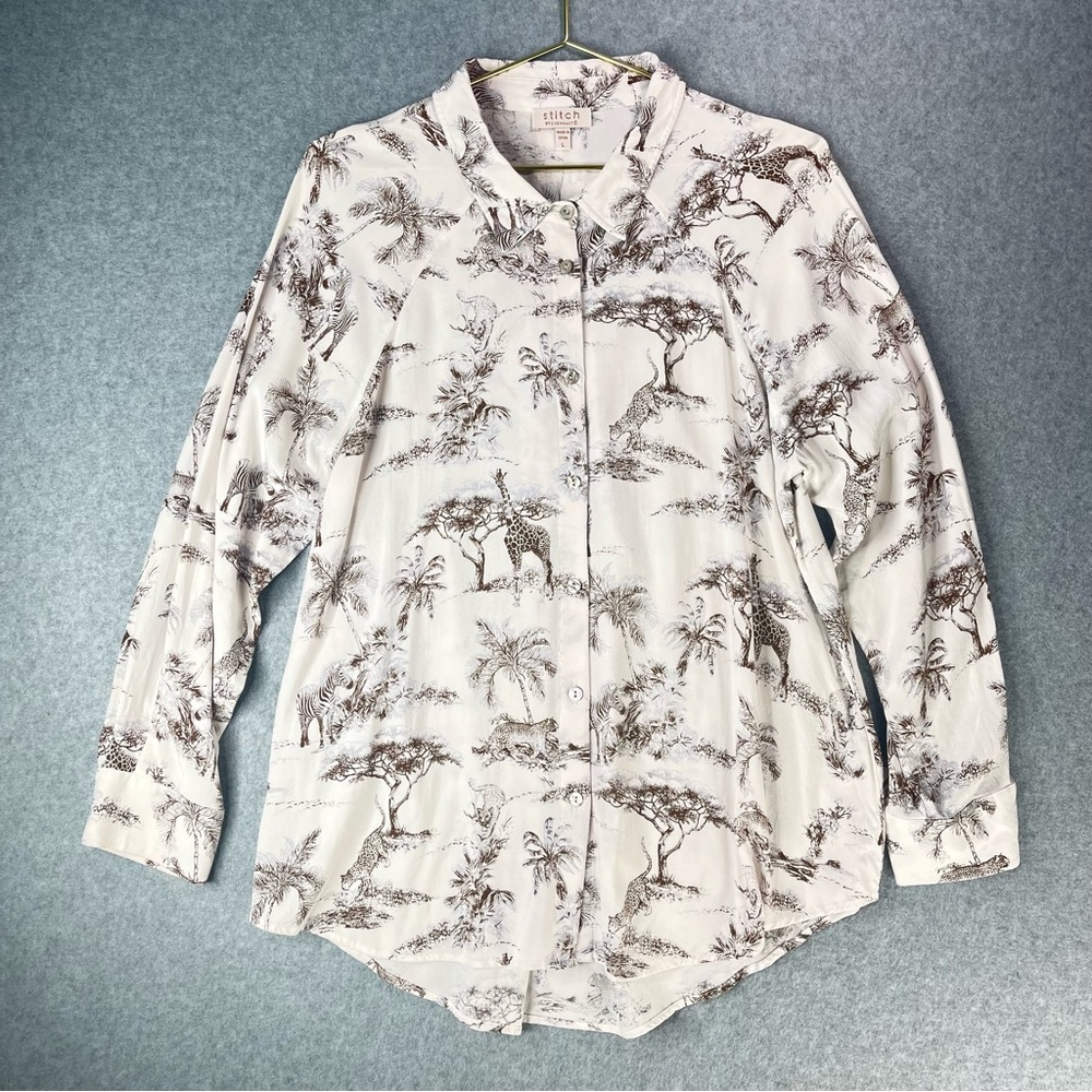 Chenault Stitch Safari Print Button-Up in Cream and Brown